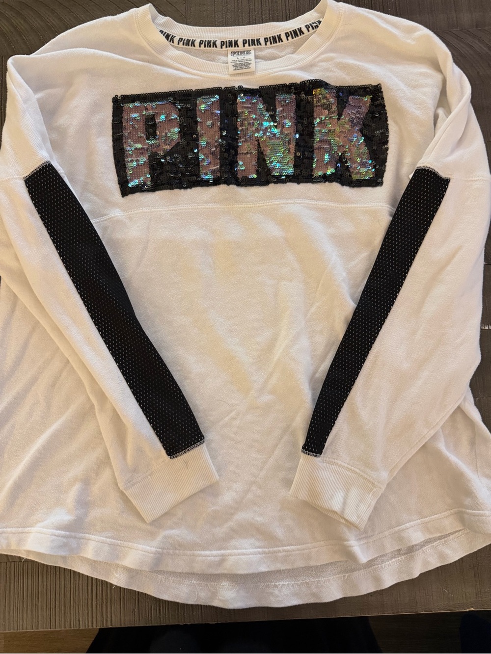 PINK Women’s White Sequin Logo Long-Sleeve Top